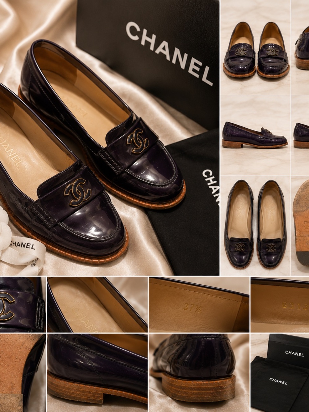CHANEL Patent Leather Loafers in Dark Purple with Gold CC
